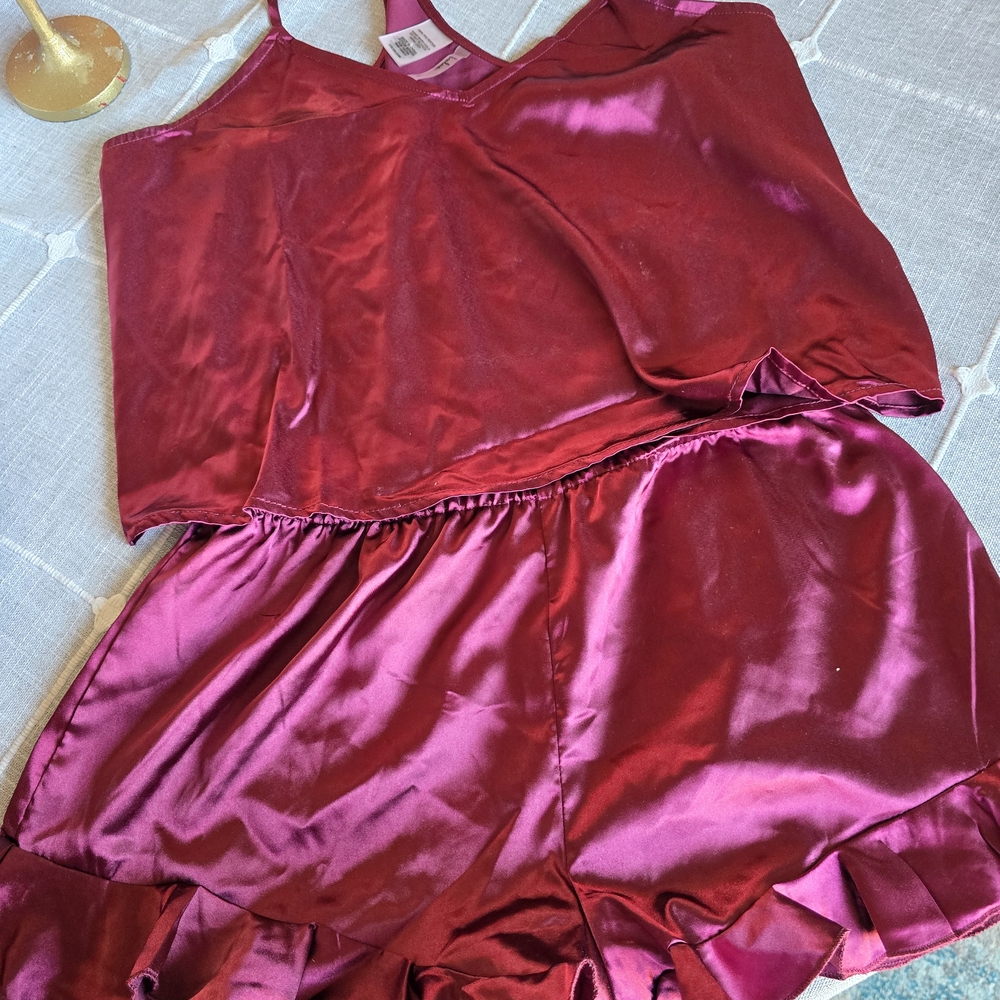 Lulu's Satin Burgundy Camisole and Shorts Set